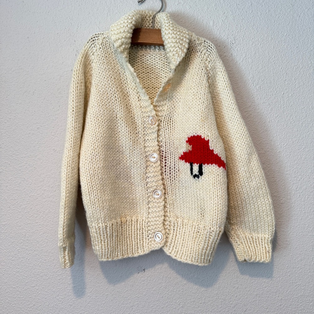 Vintage Hand Knit Fire Truck Wool Cardigan Sweater Shawl Collar Cream Kids